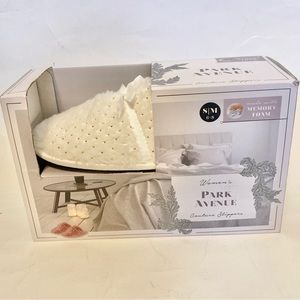 Cream White Gold Soft Fur Couture Slippers Memory Foam Size 6-8 S/M Park Avenue